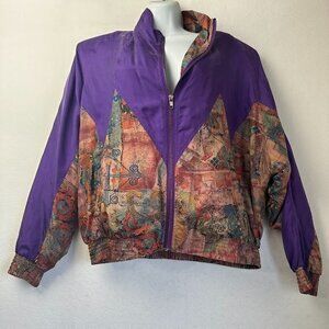 Beyond Performance jacket women‎ XL purple silk shoulder pads bomber VTG artsy